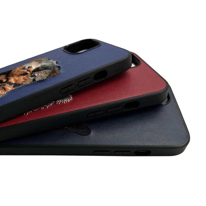 Custom Pattern logo High Quality Animal Embroidery Soft Slim Pu Pure Leather Mobile Phone Cases for iPhone 14 15 Pro Max