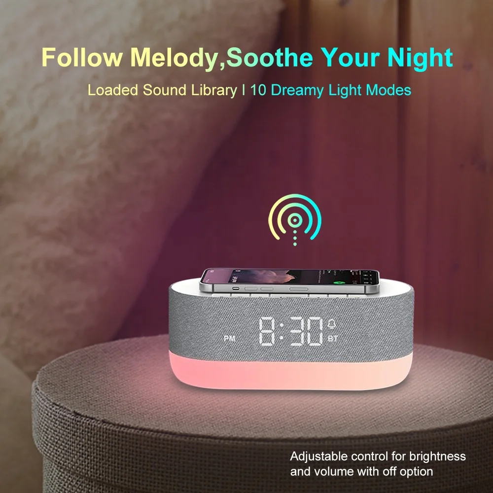 HiFiD Sound Machine with Alarm Clock Dual Speakers 21 HiFi Sounds 10W Wireless Charger White Noise Machine for Sleeping