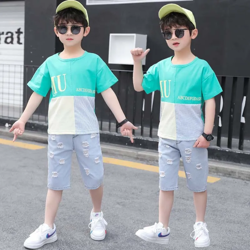 Hot Sales Kids Boy Summer Clothes Set Splicing T-shirt Denim Shorts 2pcs  Kids Children Boy Clothes Set for to 12 Years