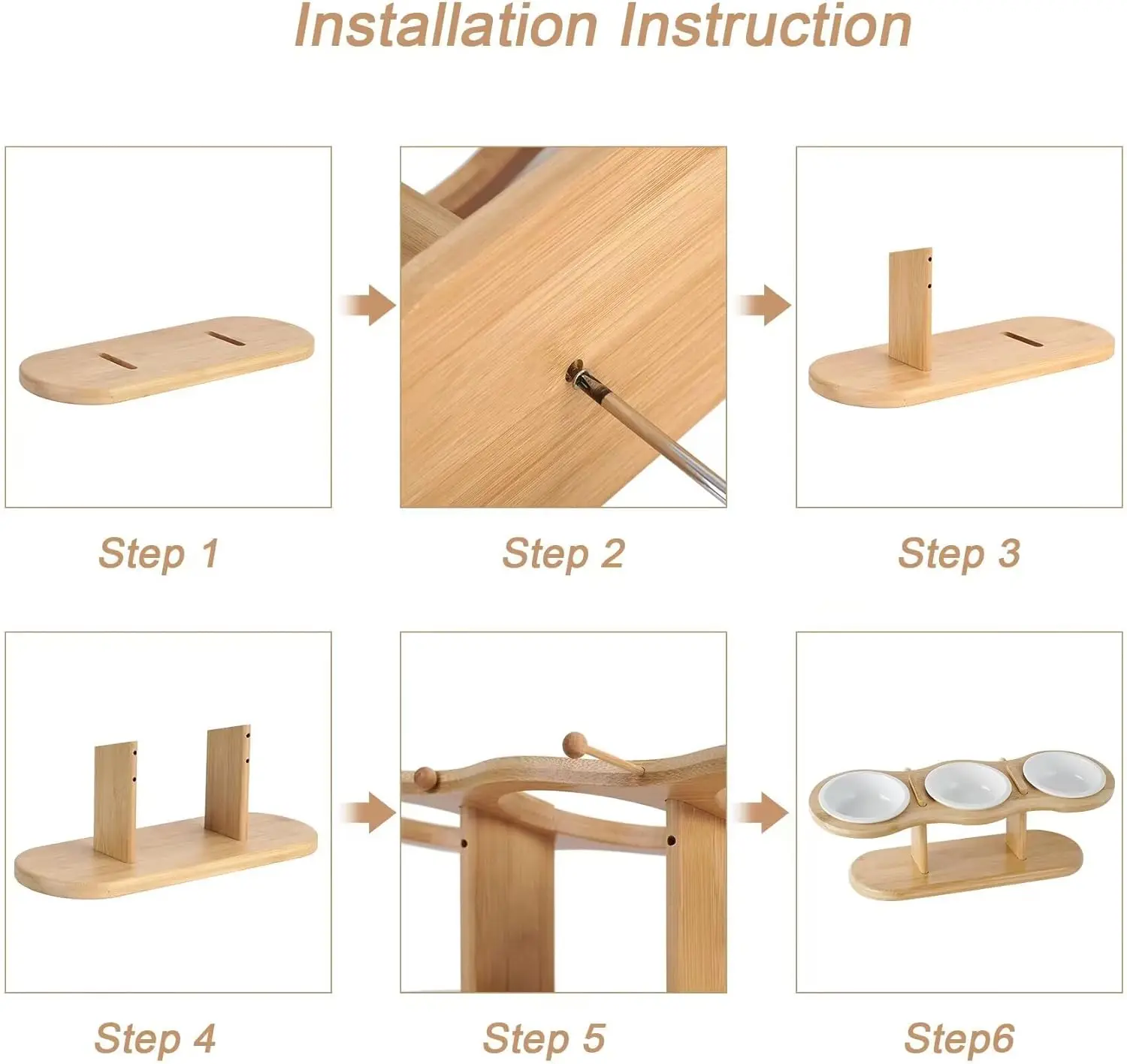 product custom pet bowl stand adjustable bamboo elevated cat and dog bowl stand 3 height raised pet feeder for food and water storage-0