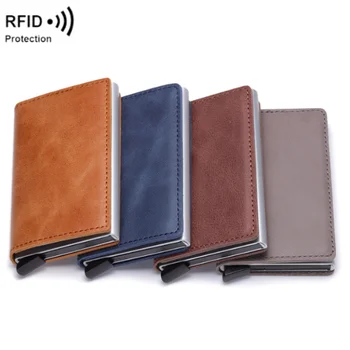 Drop Shipping Aluminum Alloy Credit Cards Pouch RFID Blocking Box With PU Leather Wallet European Style For Business Gifts