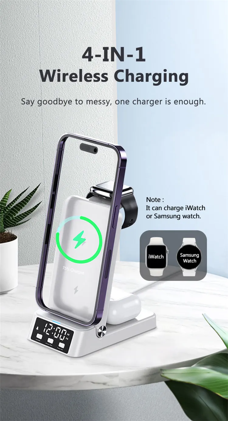 25w 4-in-1 foldable wireless charging station with clock