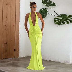 Summer Club Party Maxi Dress Halter Sleeveless Draped Deep V Neck Backless Breathable Woven Casual Style Natural Waistline Solid