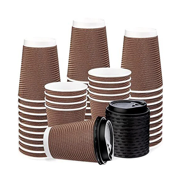 Logo Design 6oz 12oz Ripple Wall Recyclable Paper Cups With Lids