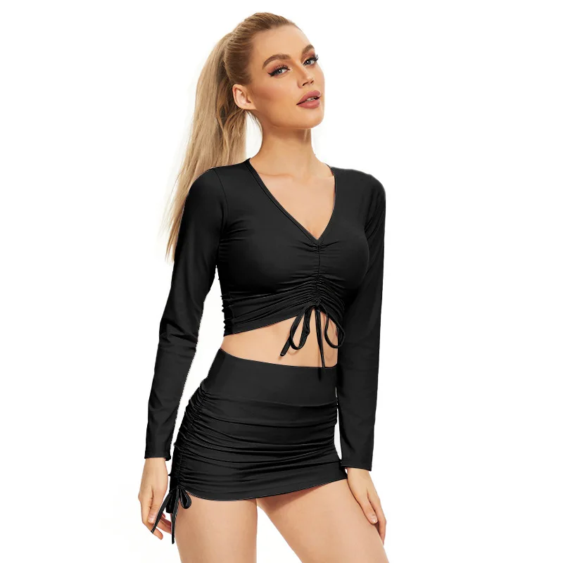 New trendy clothes two-piece skirt suit  women's casual V-neck long-sleeved and half-skirt yoga suit fitness Gym Fitness Sets details