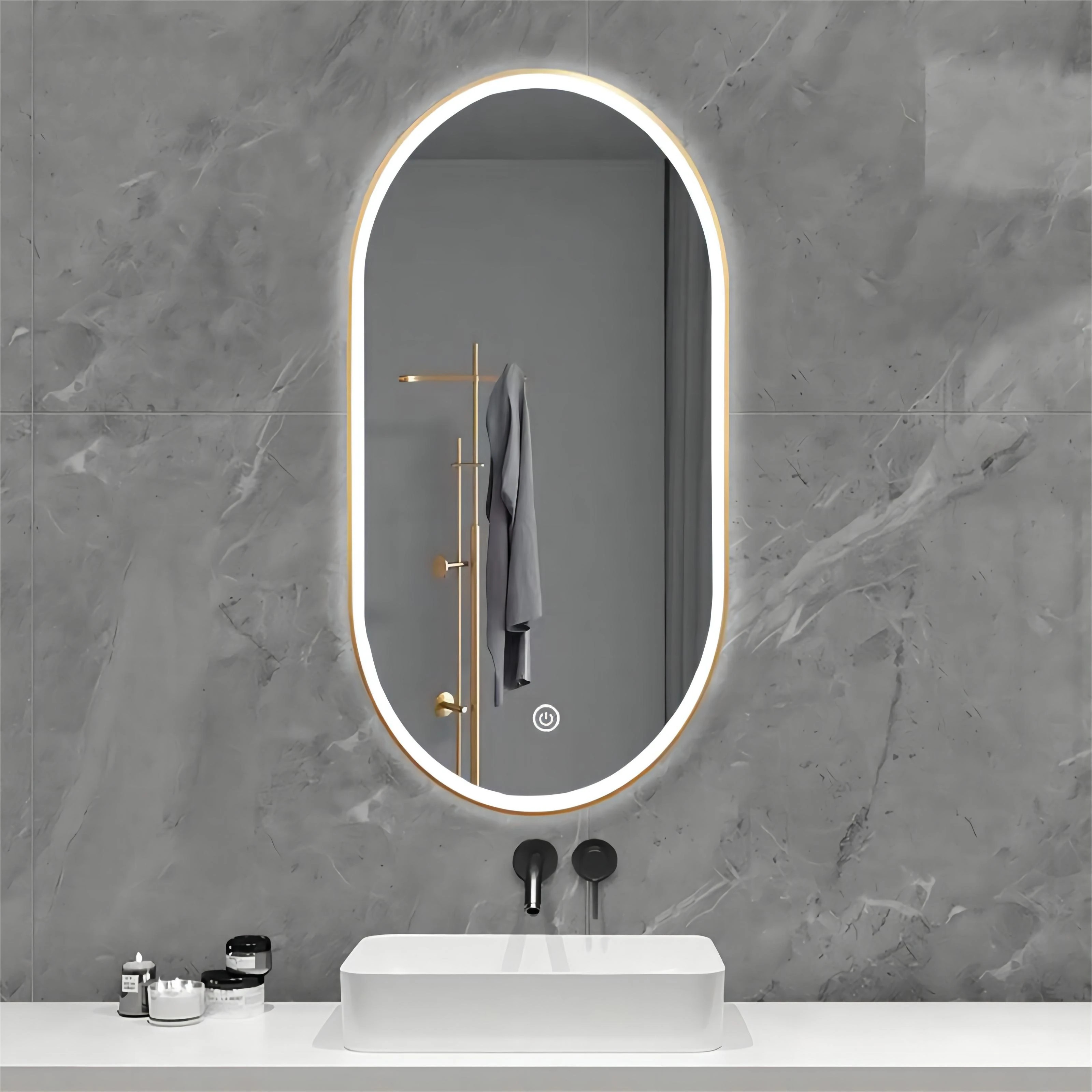 product battery led light bathroom mirror aluminum alloy frame apartment hotel project smart vanity mirror with bluetooth-1