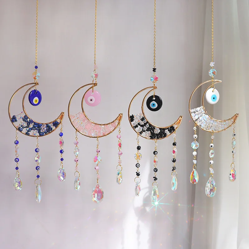 product new design rose quartz moon sun catcher with evil eye ornament home decor wall hanging car ornament crystal sun catcher-2