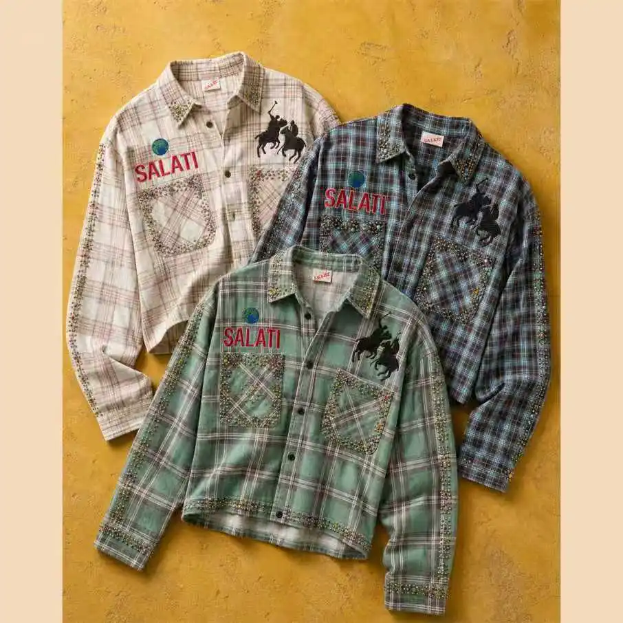 Wholesale Rhinestone Plaid Shirt Men Studded Horse Embroidery Long Sleeve Button up Western Y2K Streetwear Men Plaid Shirts gallery 2