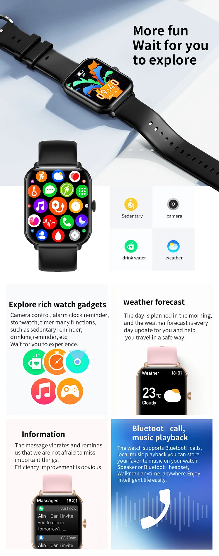 Touch screen smartwatch mobile phone talking sports wrist smart watch mobile phone connect BT calling smart watch