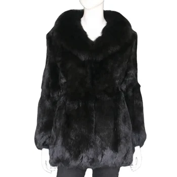 High quality rabbit fur coat with fox fur collar women style fur jackets
