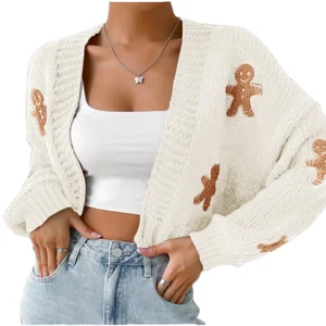 Customized Women's Long Sleeve Short Knitted Cardigan Autumn Styles Gingerbread Man Embroidered Sweater Front Logo Sweet Style
