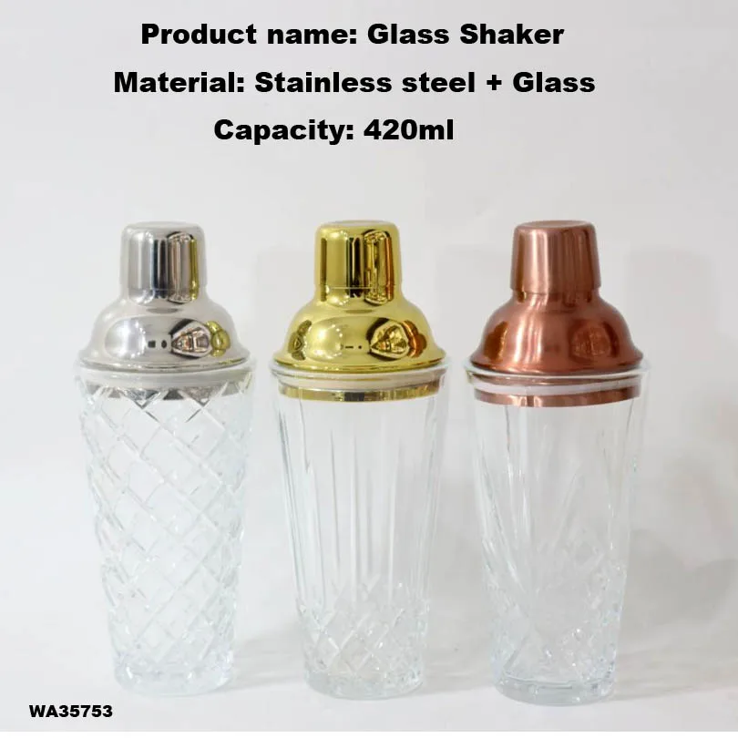 Custom 420ml Cocktail Mixer Rose Gold Stainless Steel 14oz Bar Glass Cocktail Shaker With Leakproof Metallic Steel Lid
