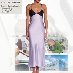 Custom OEM Women Clothes Casual Cross-Back Sexy V Neck Lace Dress Spaghetti Strap Stain  Dress