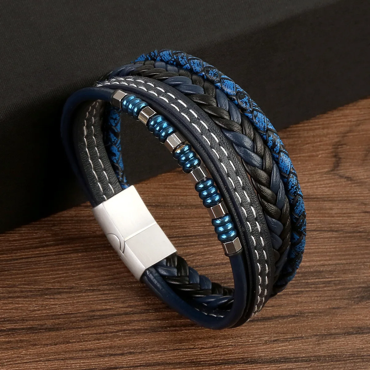 Men's Leather & Lava Stone Bracelet - Black Volcanic Beads With Magnetic Clasp, Gold Accents
