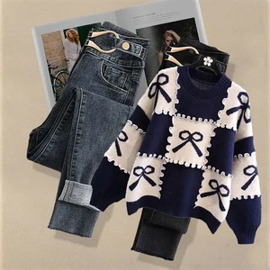 Autumn Fashion Loose Long Sleeve Knitted Pullover and Jeans Two-piece Set for Women