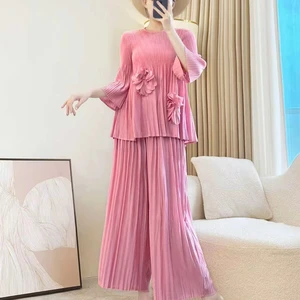 Miyake Pleated Suit Casual and Fashionable Large-sized Floral Blouse with Pants Women's Two-piece Set