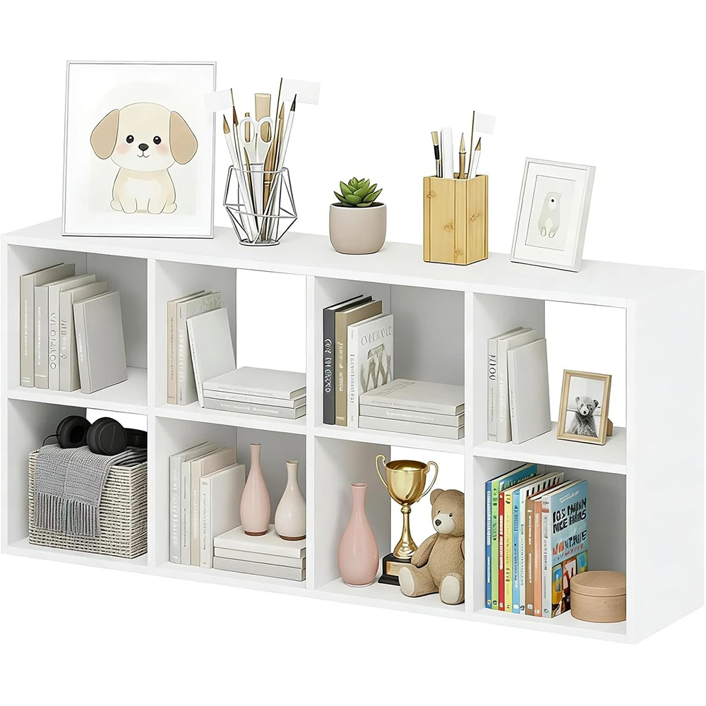 8-Cube Wooden Storage Organizer White Bookshelf Open Compartments Home Office Modern Display Shelf Living Room Bedroom Entryway