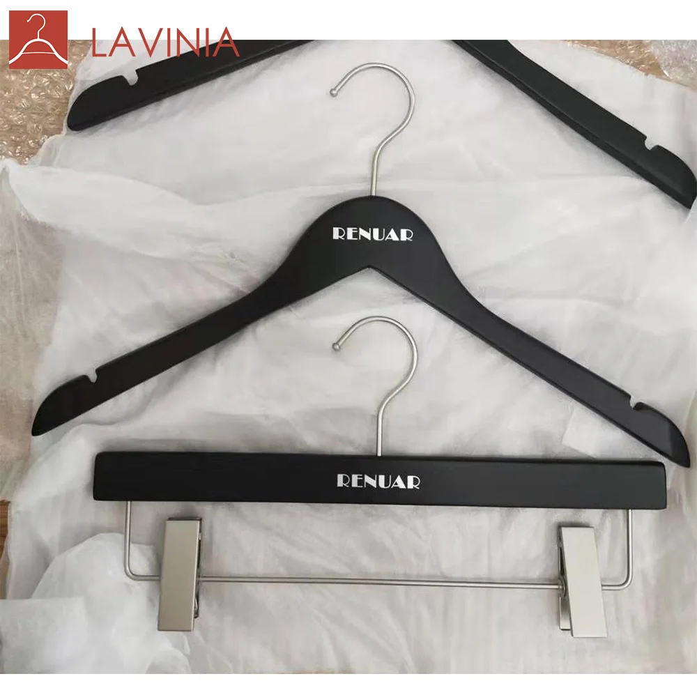 Durable Black Wooden Coat Hanger with Gold Logo OEM Available