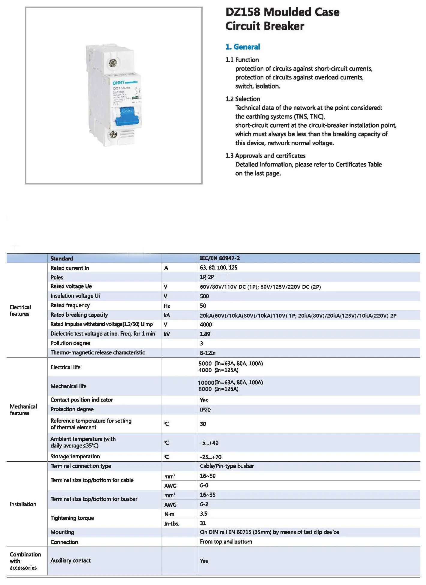 Chint DZ158-125 1P DC 60V 20kA 80V 110V 10kA 2P DC 80V 20kA 125V 220V 10kA 63A 80A 100A 125A CHNT DC MCB Circuit Breaker