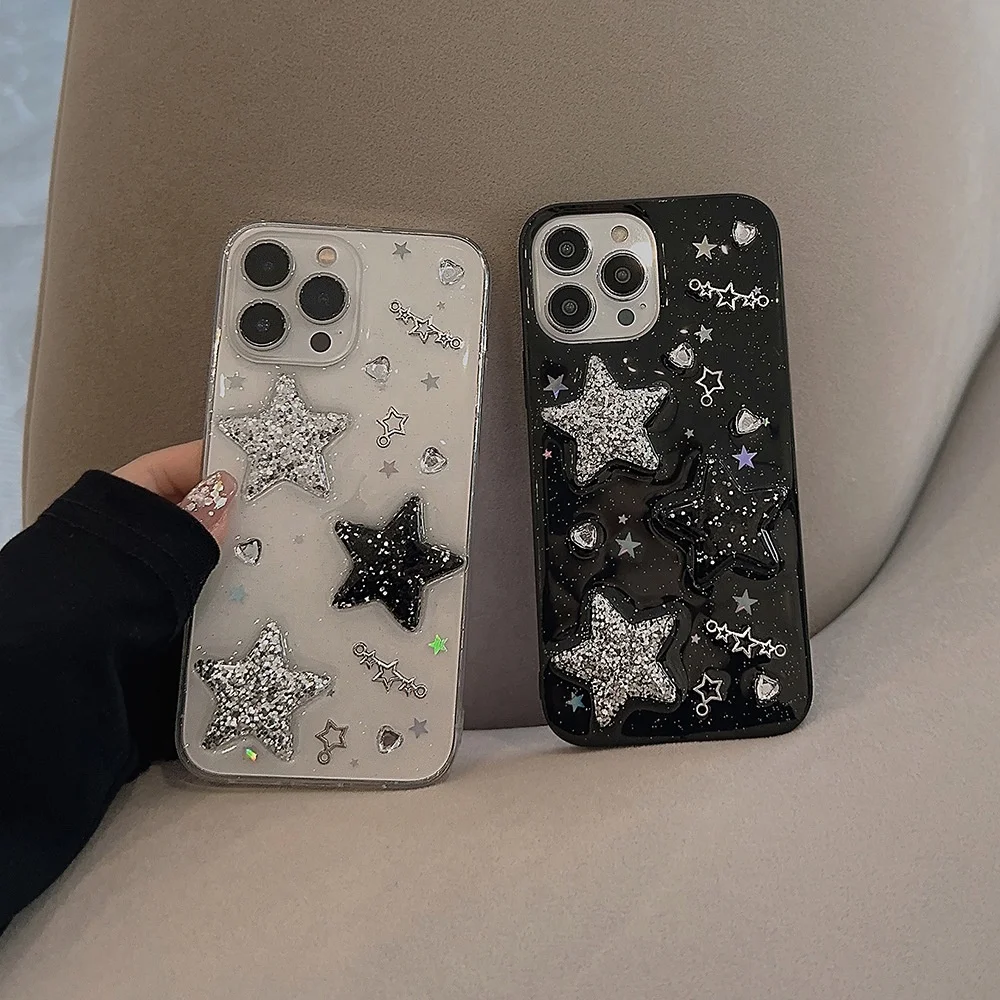 Bling Glitter Case Girl Phone Cover For Iphone 16 15 14 13 12 11 Plus Pro Max Stars 3D Diamond Hearts Design for Women