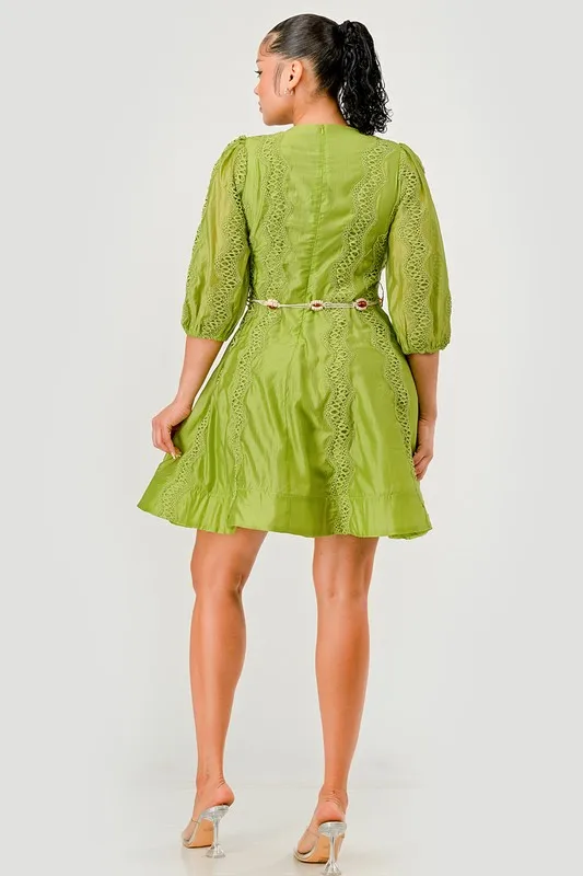 Elegant Forest-themed Lace Short Dress With Woven Technique Featuring Natural Waistline - Image 5