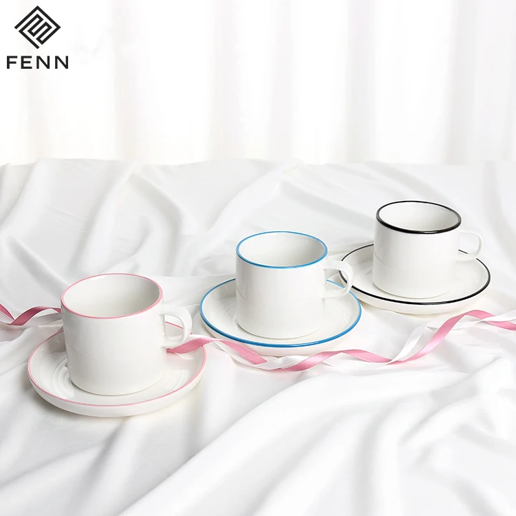 FENN Cafe Shop Design Crockery with Saucer 150ml Coffee Cup Ceramic Mug with Saucer White Porcelain for Home and Gift