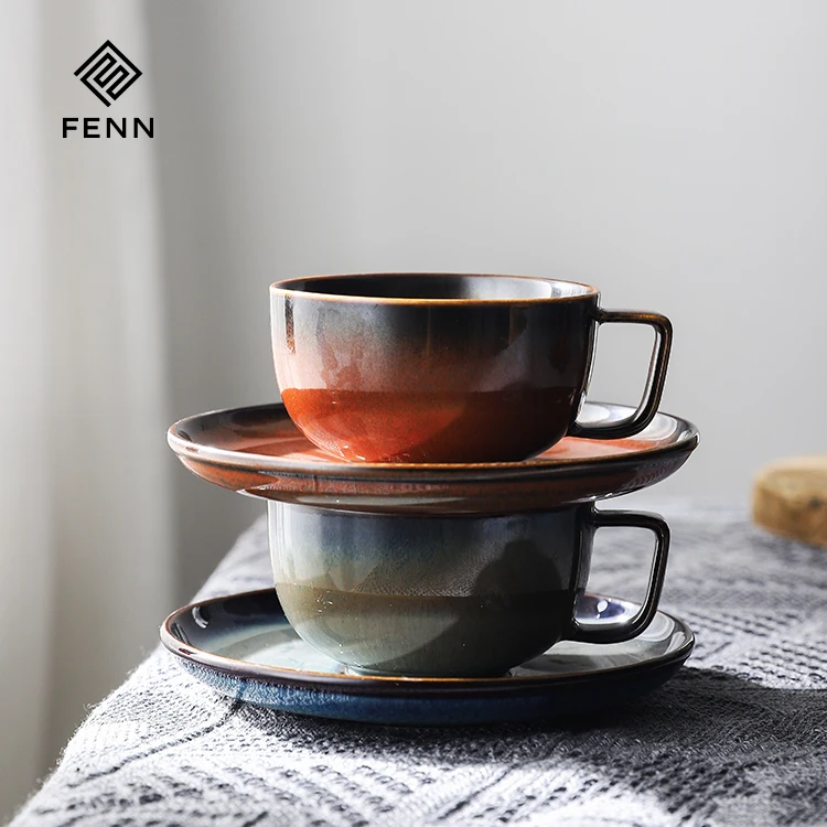 FENN High Quality And Nice Design Green Ceramic Home Coffee Cups Set 250ml Mugs Vintage Style Coffee Cup and Saucer for Gift