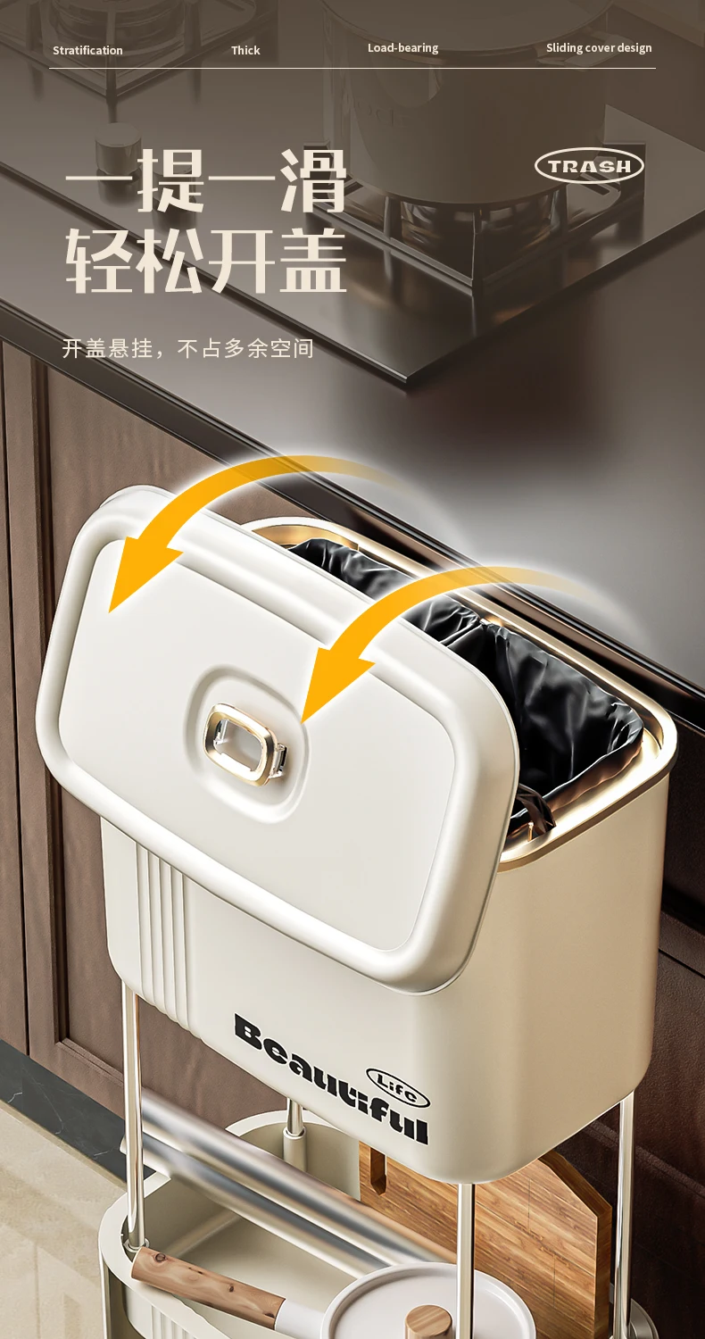 Double Tiers Standing Type Kitchen Storage Rack Carbon Steel Cooktop Organizer with Casters Trash Can and Pantry Space Saver