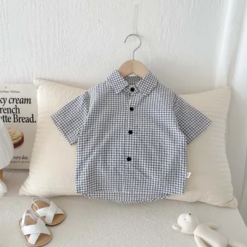 2025 Summer Boys' Short-Sleeve Plaid Baby Shirt Fashion 100% Cotton Casual Outdoor Wear Thin and Stylish Children Tops