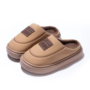Hot Selling Couple's Waterproof Plush Slides for PU Upper New Fashion Fluffy Winter Warm Closed Toe Women's Thick-soled EVA