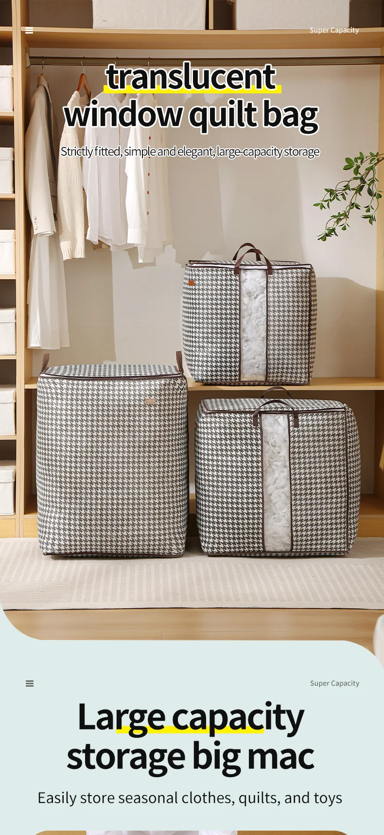 Sustainable Use Quilted Bag Large Capacity Home Organizer Holder Bag Thick Fabric with Clear Window Storage Bag