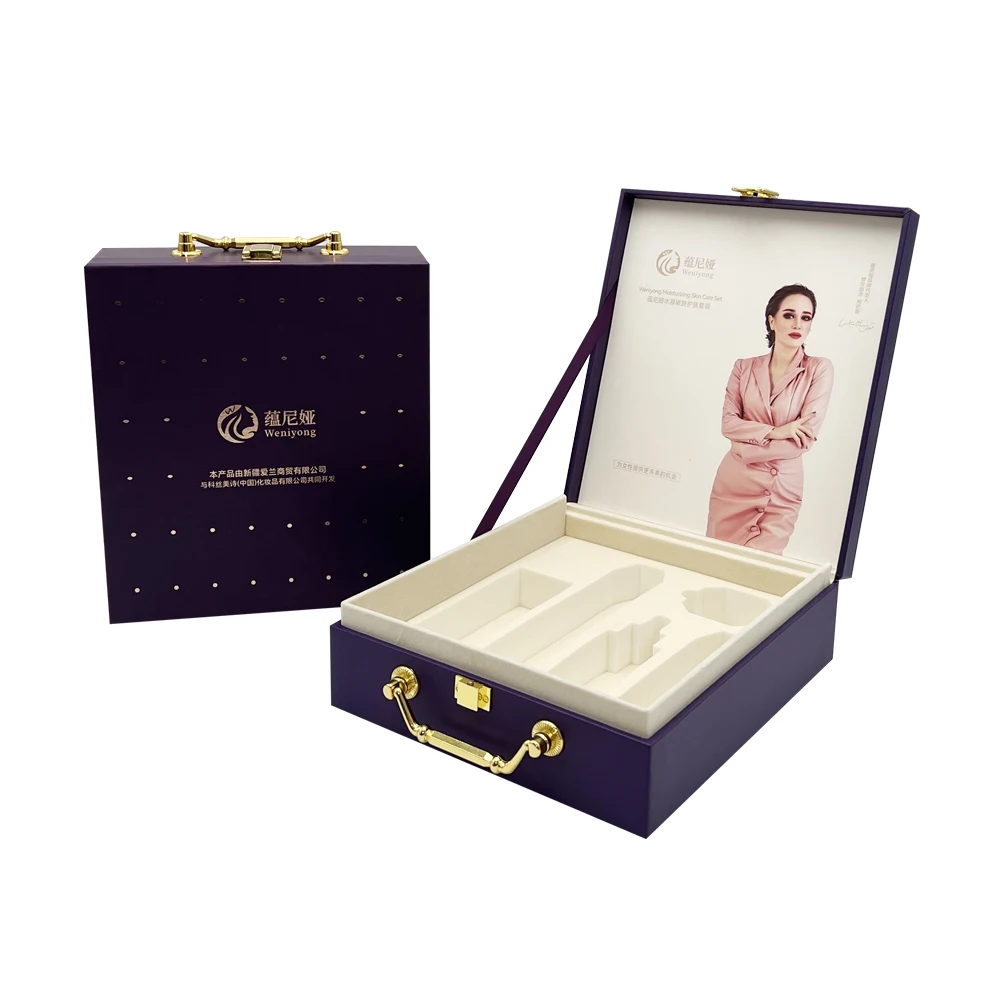 premium accessories handle personalized custom logo hard rigid purple beauty gift box cosmetic rigid big box caja magnetic