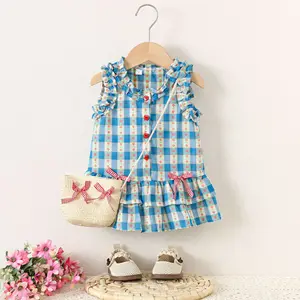 New Summer Girls' Casual Eco-friendly A-line Above Knee Button Decoration Dress for Infants & Toddlers