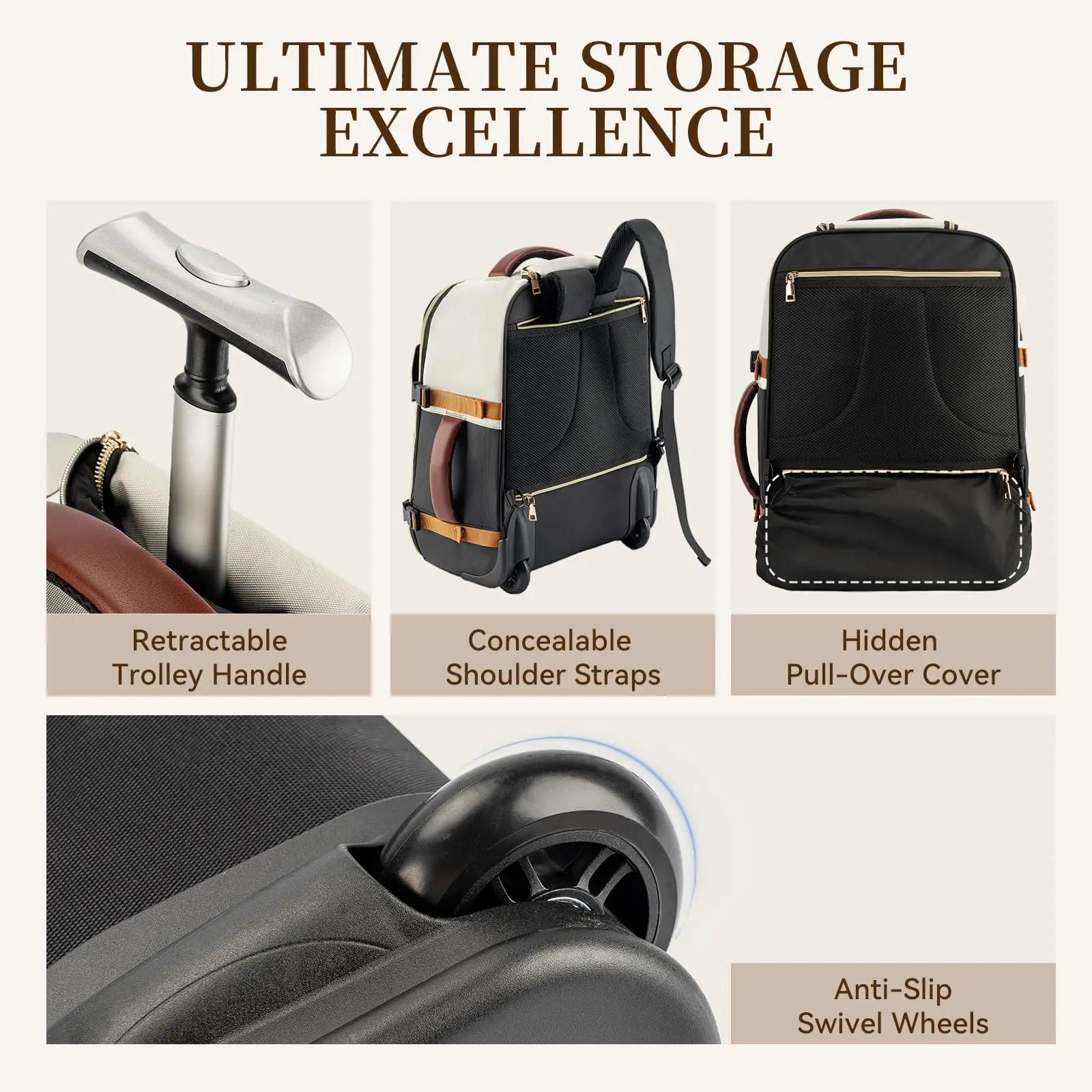 Versatile Waterproof PU Backpack with USB Charging Port Hidden Trolley Underseat Rolling Laptop Wheels for Travel Everyday Use