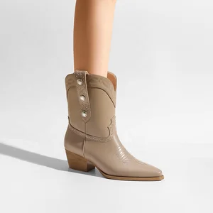 Women's Customizable Mid-Calf Pointed Toe Chunky Heel Western Cowboy Boots for Autumn/Winter/Summer Comfort