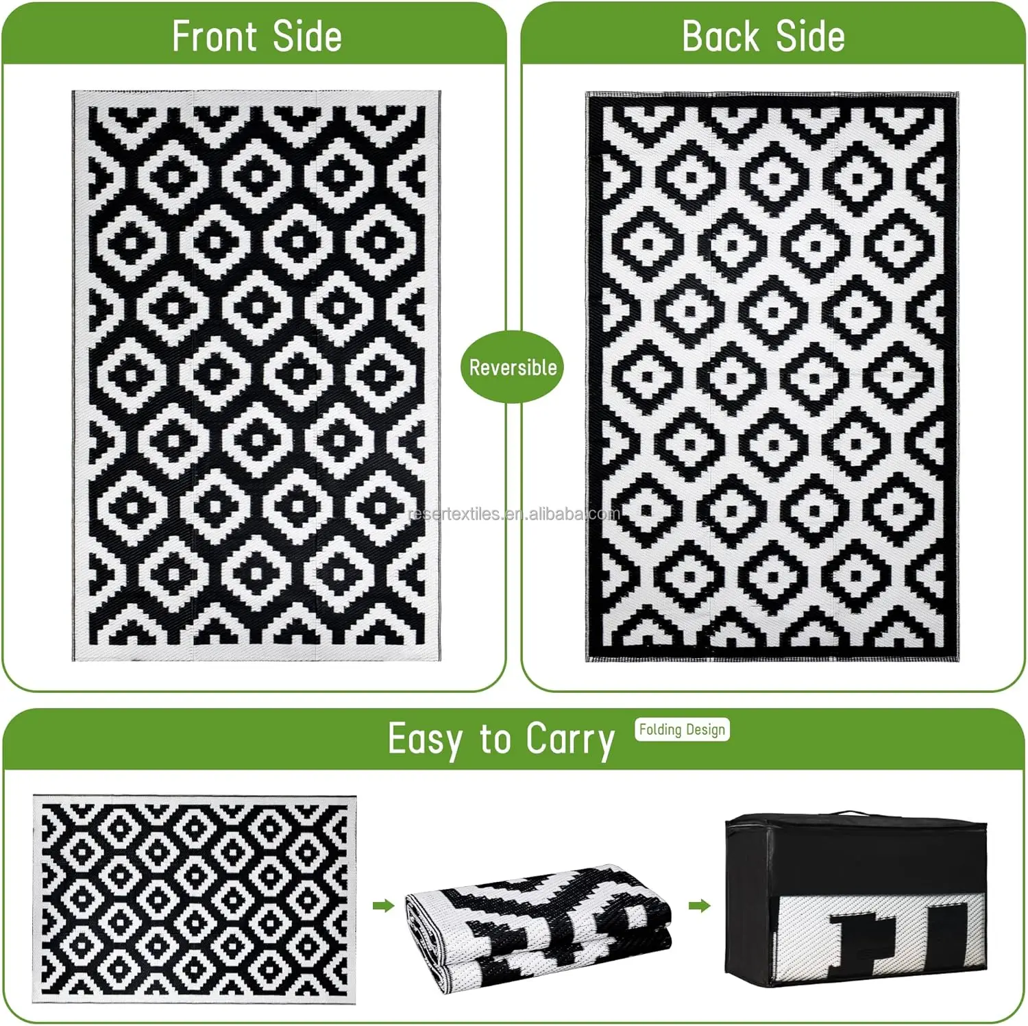 Waterproof Foldable Reversible Patio Area Rug for Outdoor RV UV Resistant Eco-Friendly Portable Plastic Mat for Picnic Deck