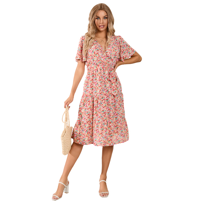 Fábrica diretamente no atacado melhor design baixo preço estampa floral manga curta verão sexy decote em v vestido bodycon