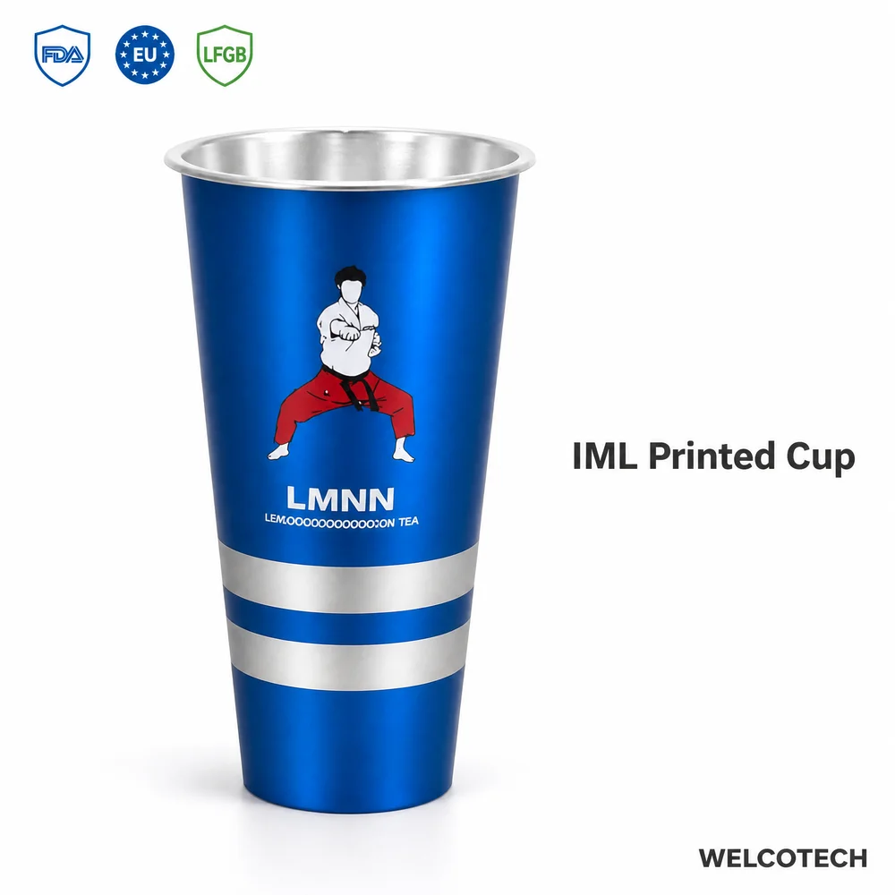 Custom OEM IML Printed PP Plastic Cup 500ml Milk Tea Cup Food Grade Injection Molded Cup Klein Blue