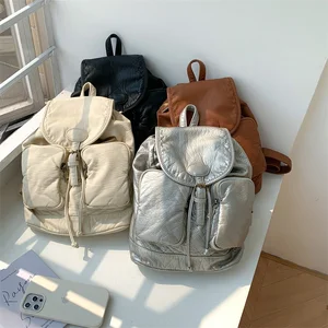 Large Capacity Drawstring Women Back Pack Bag Casual Sport Travel Ladies Backpack PU Leather Multiple Pockets Backpacks for Girl