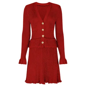 Bettergirl New 2026 Fashion High Quality Bright Red Short Dress Slim V-neck Long Sleeve Knitted Mini Casual Dress