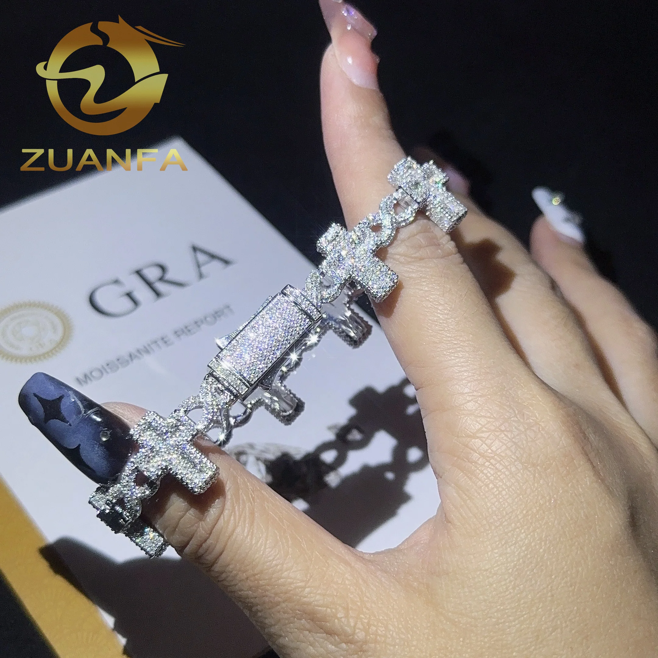 18k White Gold Plated Trendy Cross Hip Hop Bracelet Moissanite