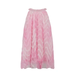 Customizable Elegant Pink Beaded Waist Long Tulle Skirt O-Neck Straight Silhouette Girl Dress for Children's Party