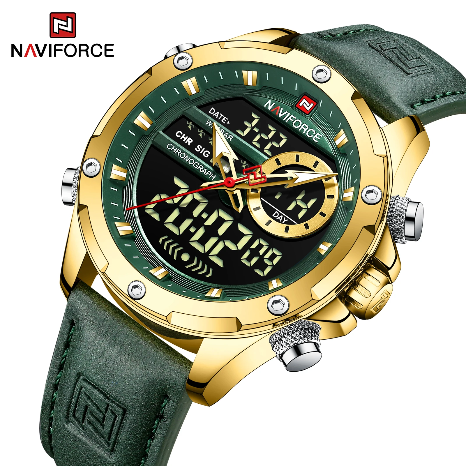 NAVIFORCE NF9208 top 10 brands golden man digital watch exclusive Genuine Leather Strap double display character Leisure watch