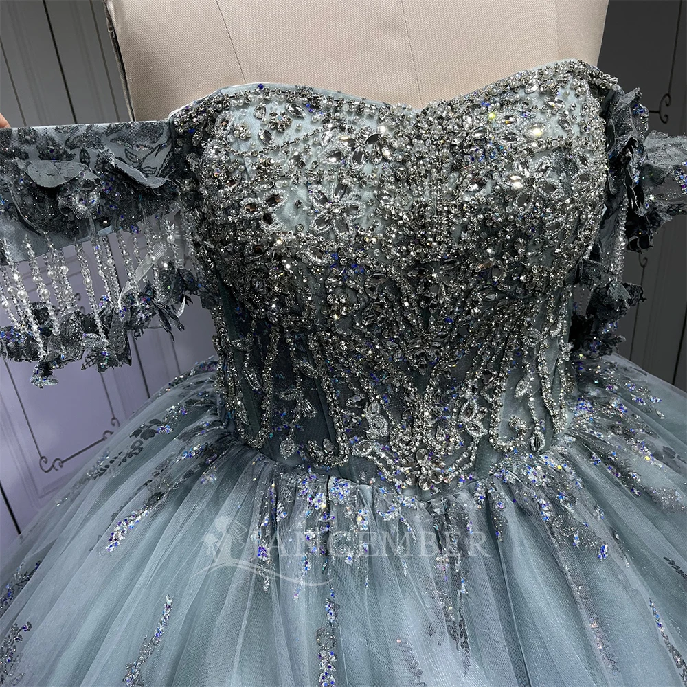 Metallic Blue Quinceanera Dress Lace Appliques 15 Dresses Ball Gown  Vestidos Anos Quinceaneras Vestido Fiesta Lsmu107