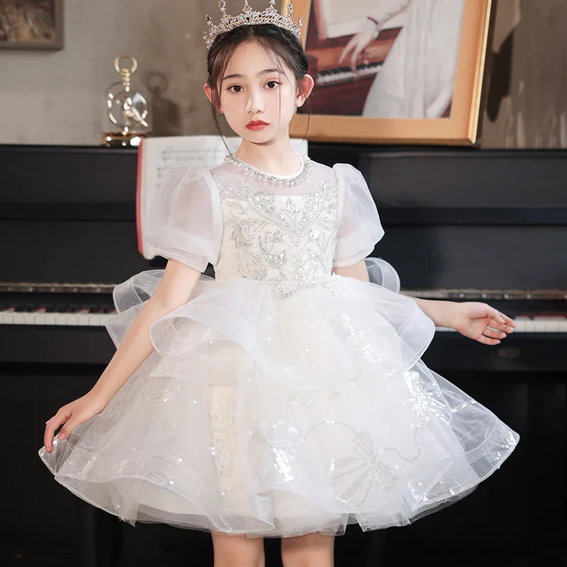 Fashion Baby Girl Princess Tutu Dress Pearl Puff Sleeve Bow Vintage Vestido  Party Pageant Baby Clothes