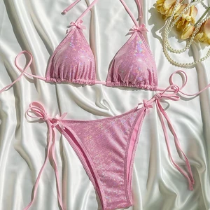 Shiny Two-Piece Swimwear for Women Sexy Solid Color Halter Tie Bikini with Bow and Sequin Spandex/Nylon 2-Piece Set