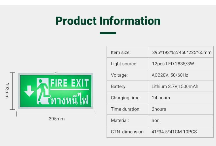 Customized Pattern SMD 2835 3W Wall Mounted Rechargeable Led Fire Led Emergency Exit Light