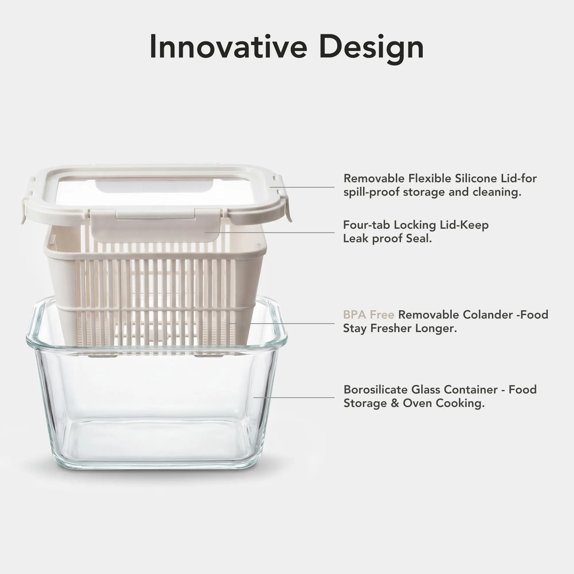 Produce Storage Containers for Fridge with Removable Colanders, Flexible Silicone Lids,LeakProof, BPA-Free