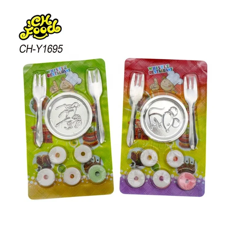 Wholesale New China Cheap Plastic Kitchen Tableware Plates and Forks Toy with Whistle Tablet Fruit Flavor Candies for Kids