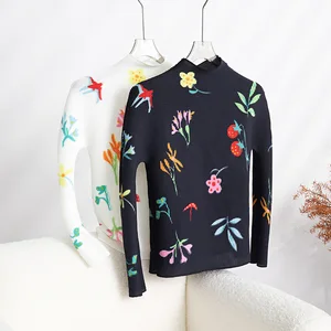 High Quality Wholesale Factory Miyake Pleated Flowers Top Women Casual Style Shirt Pleats Long-Sleeved T-Shirt